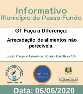 O flyer é dividido por quatro faixas de cores. A primeira na cor bege com o texto na cor verde, com as seguintes informações: Informativo Município de Passo Fundo. Após a faixa bege, temos uma na cor branca com o texto na cor preta, com as seguintes infor