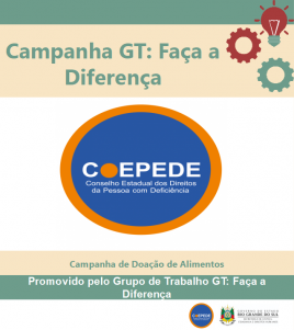 O flyer é dividido por quatro faixas de cores. A primeira na cor verde sem informações. A segunda, a maior delas, na cor bege. Acima no lado esquerdo o nome Campanha: GT: Faça a Diferença na cor verde. No lado direito ilustrações de engrenagens e lâmpadas