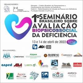 PraTodasETodosVerem Card de divulgação, em fundo branco, logomarca estilizada à esquerda em três cores azul claro, roxo e rosa que simbolizam uma interação e se aproxima de um formato de coração. O título 1º Seminário Brasileiro sobre Avaliação Biopsicoss