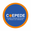 descrição, logo do COEPEDE: Um circulo na cor laranja com preenchimento na cor azul escuro contendo o texto COEPEDE Conselho Estadual dos Direitos da Pessoa com Deficiência na cor branca.