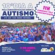 card  informando sobre o 10° dia A pela conscientização sobre o Autismo no próximo dia 3 de abril,  domingo, a partir das 10h. Foto de caminhada anterior, com todos de azul na Redenção, com o título do evento em Azul e com 